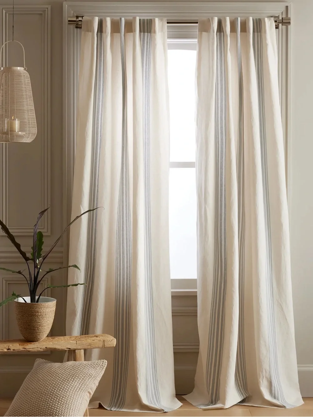 NWT QUINCE Set Of 2 48x96 Coastal Stripe Linen Cotton Curtains Blue/Ivory 8656